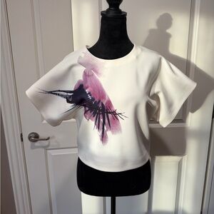 MSGM White Crop Top with Pink and Black Brushstroke Print